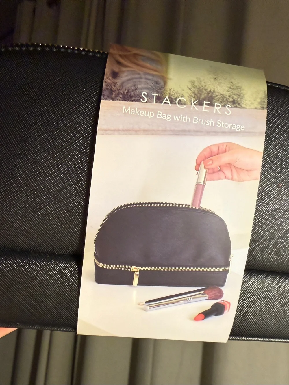 STACKERS Black Double-Zip Makeup Bag with Brush Storage travel case NWT pleather